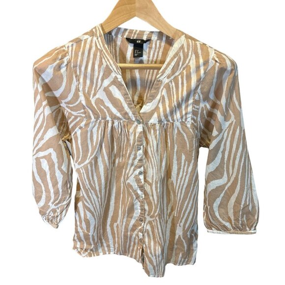 H&M Zebra Print Button Down Blouse Balloon Sleeve Size L Beige White - Picture 1 of 8